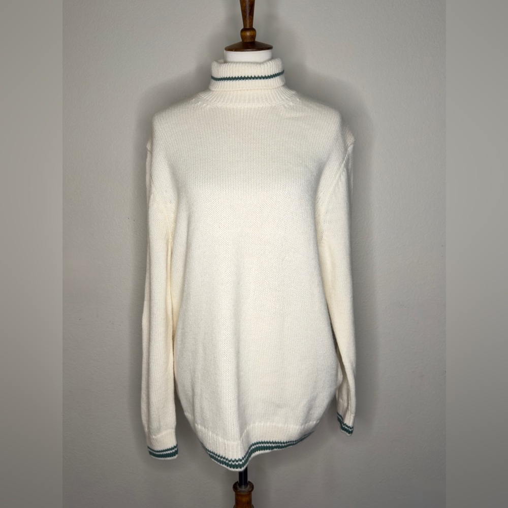 Zara Cream Turtleneck Sweater with Green Detail NWT L